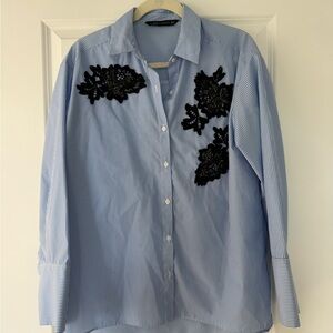 Zara Woman Light Blue and White Striped Shirt